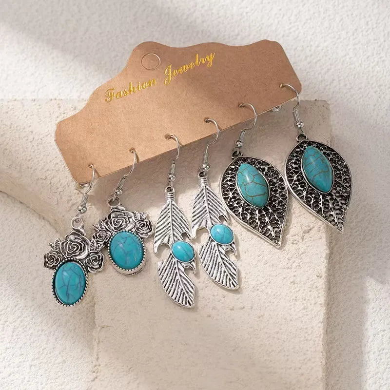 Retro Style Imitation Turquoise Earrings for Women (Set of three earring)